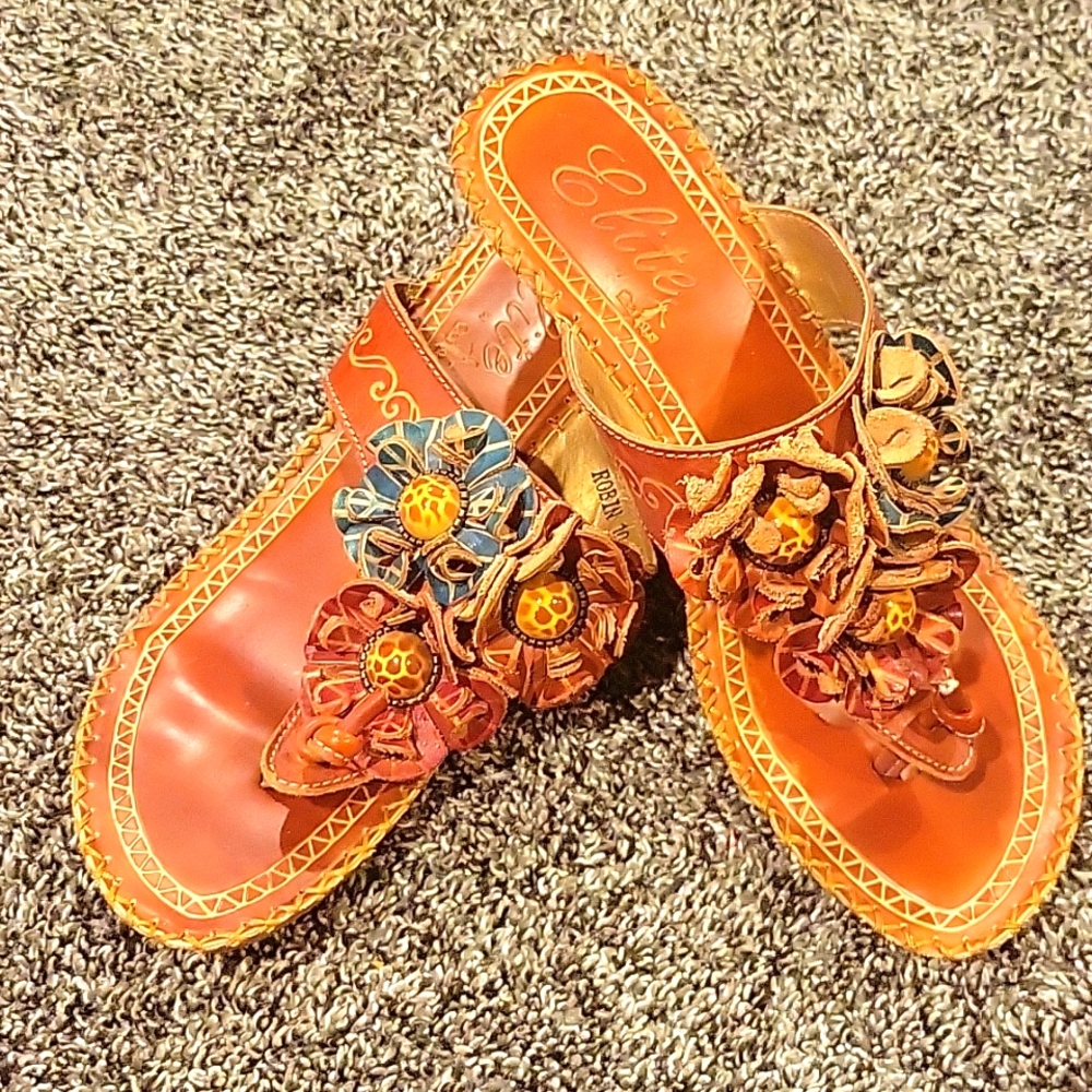 Orange Floral Leather Slide Sandals for Women